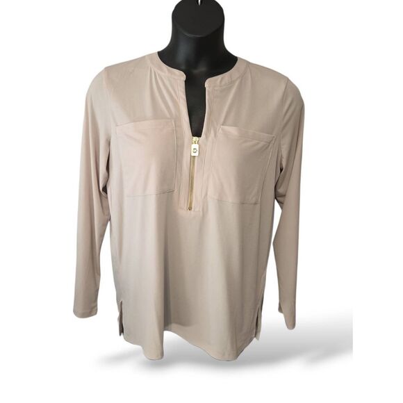 Michael Kors Tops - Michael Kors Dune Beige Zip Front Long Sleeve Blouse L NWT